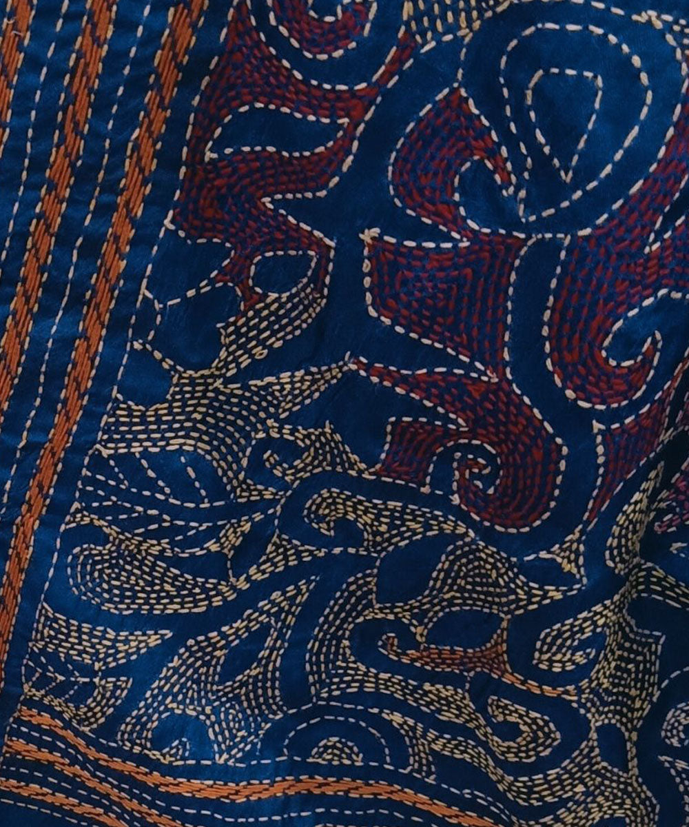 Blue hand embroidered silk kantha stitch stole