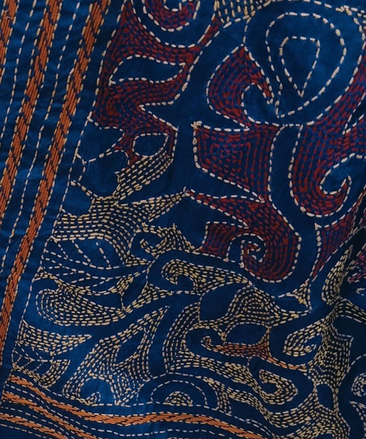 Blue hand embroidered silk kantha stitch stole