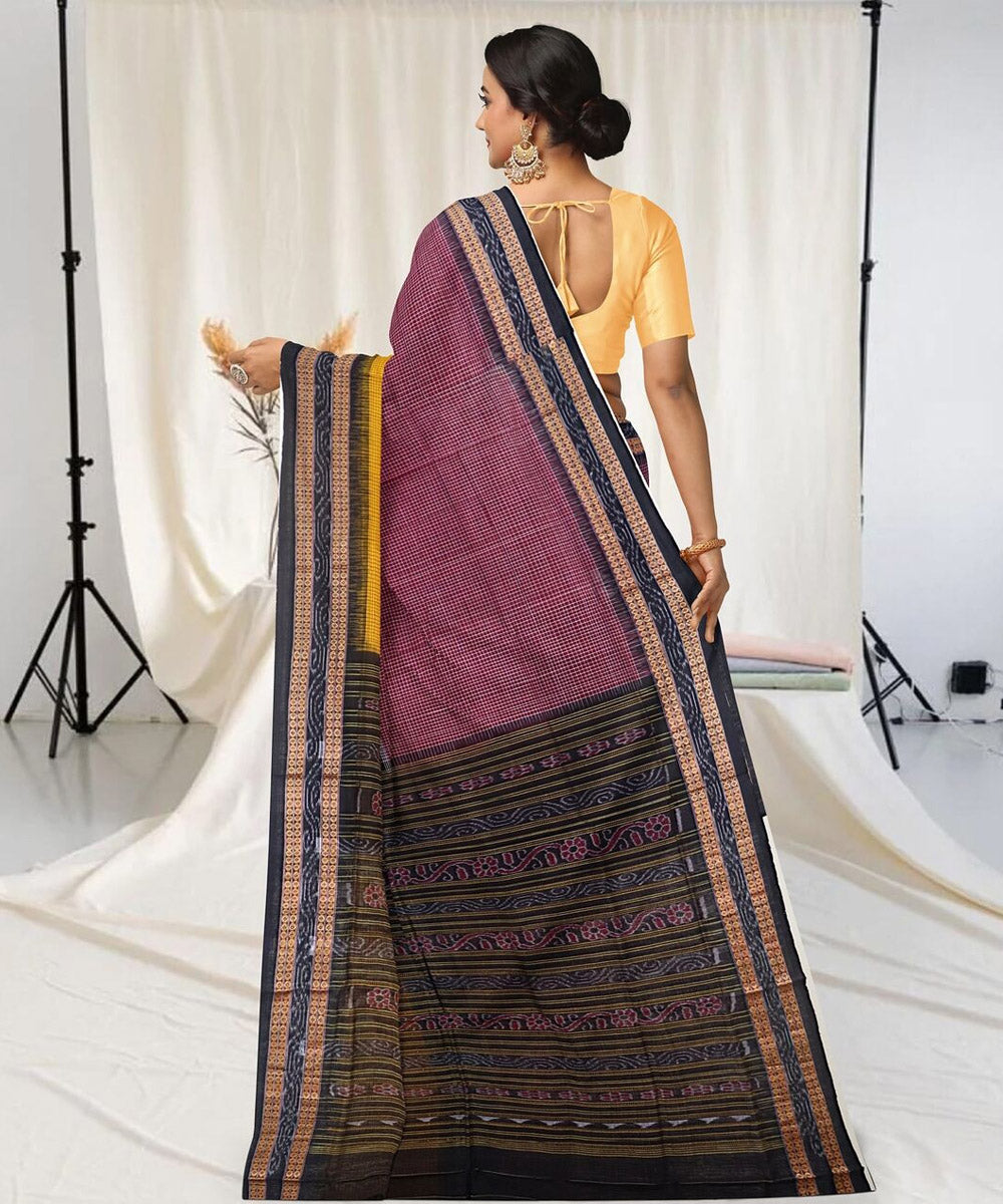 Maroon yellow cotton handwoven sambalpuri saree