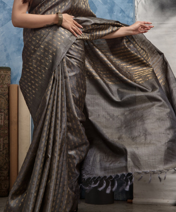 Grey brown handwoven chhatisgarh tussar silk saree