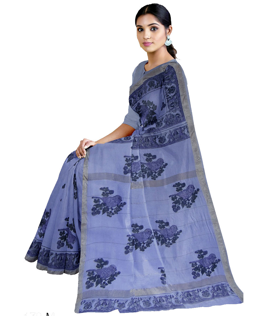 Navy blue blue cotton hand printed maheshwari saree