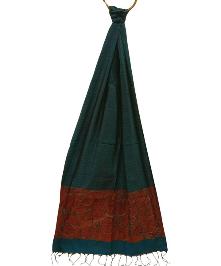 Dark green red handwoven silk kantha stitch stole