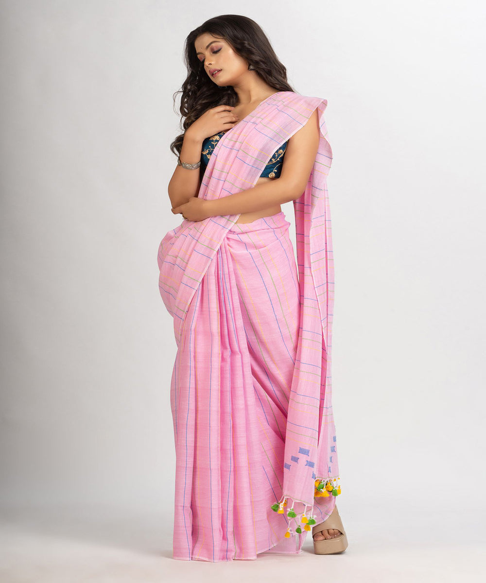 Pink handwoven cotton bengal saree