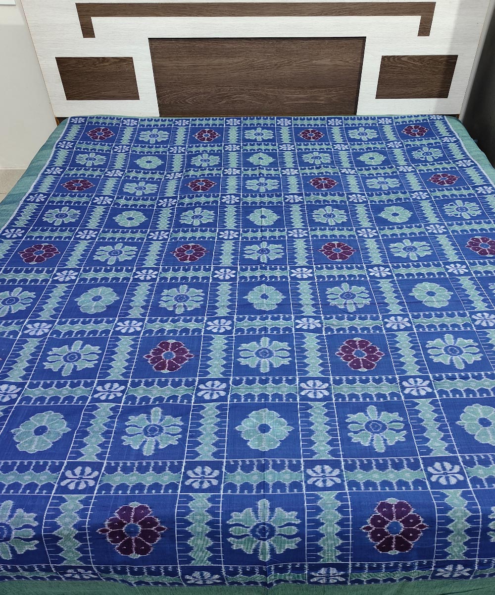 Cyan blue handwoven sambalpuri cotton double bedsheet