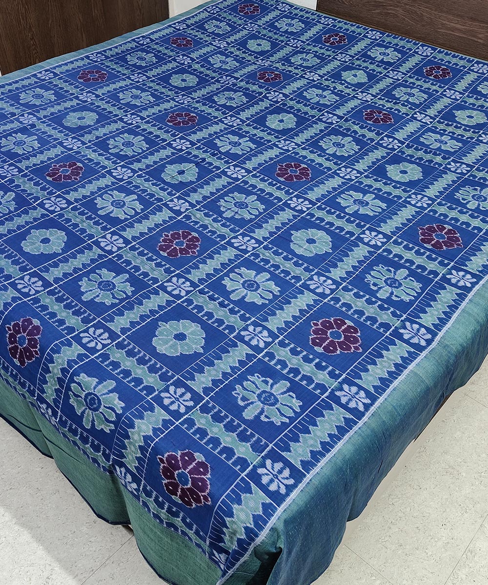 Cyan blue handwoven sambalpuri cotton double bedsheet