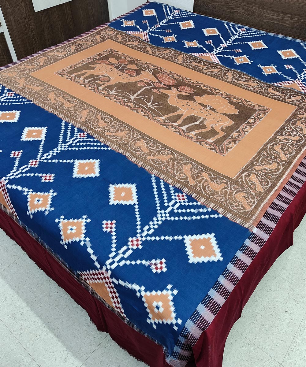 Brown navy blue handwoven sambalpuri cotton double bedsheet