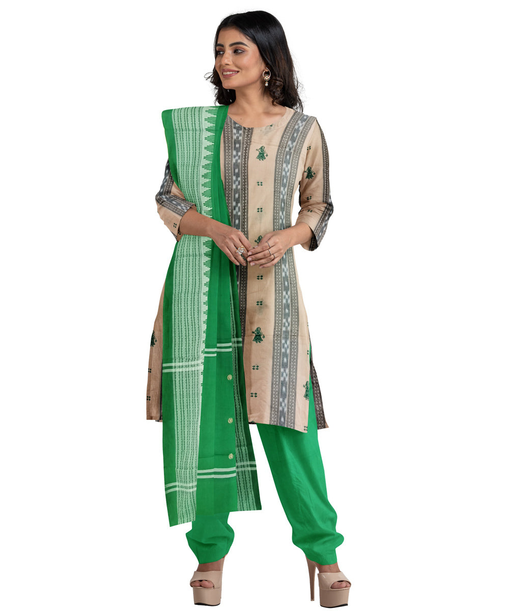 Beige green handwoven cotton nuapatna dress material