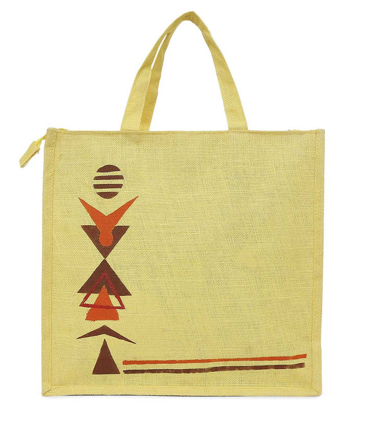 Yellow jute hand printed warli bag