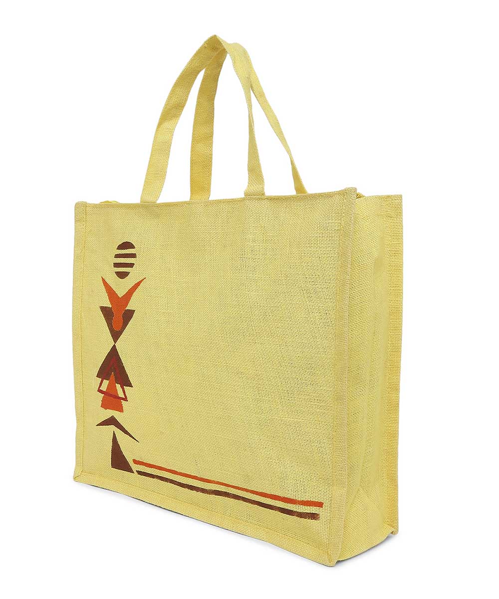 Yellow jute hand printed warli bag