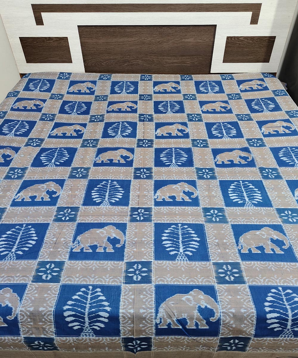 Cyan blue grey handwoven sambalpuri cotton double bedsheet