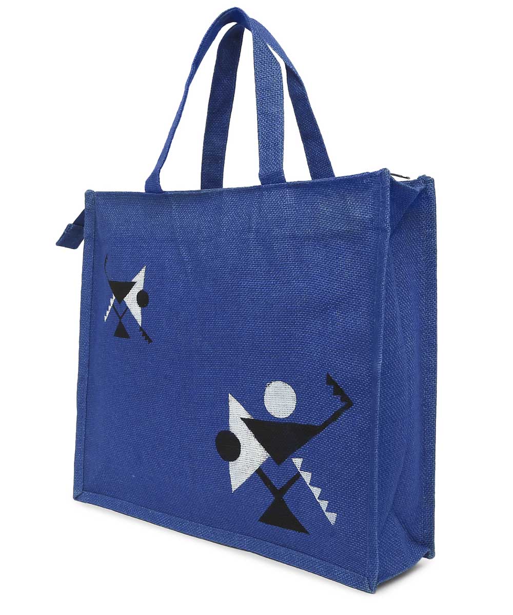 Navy blue jute hand printed bag