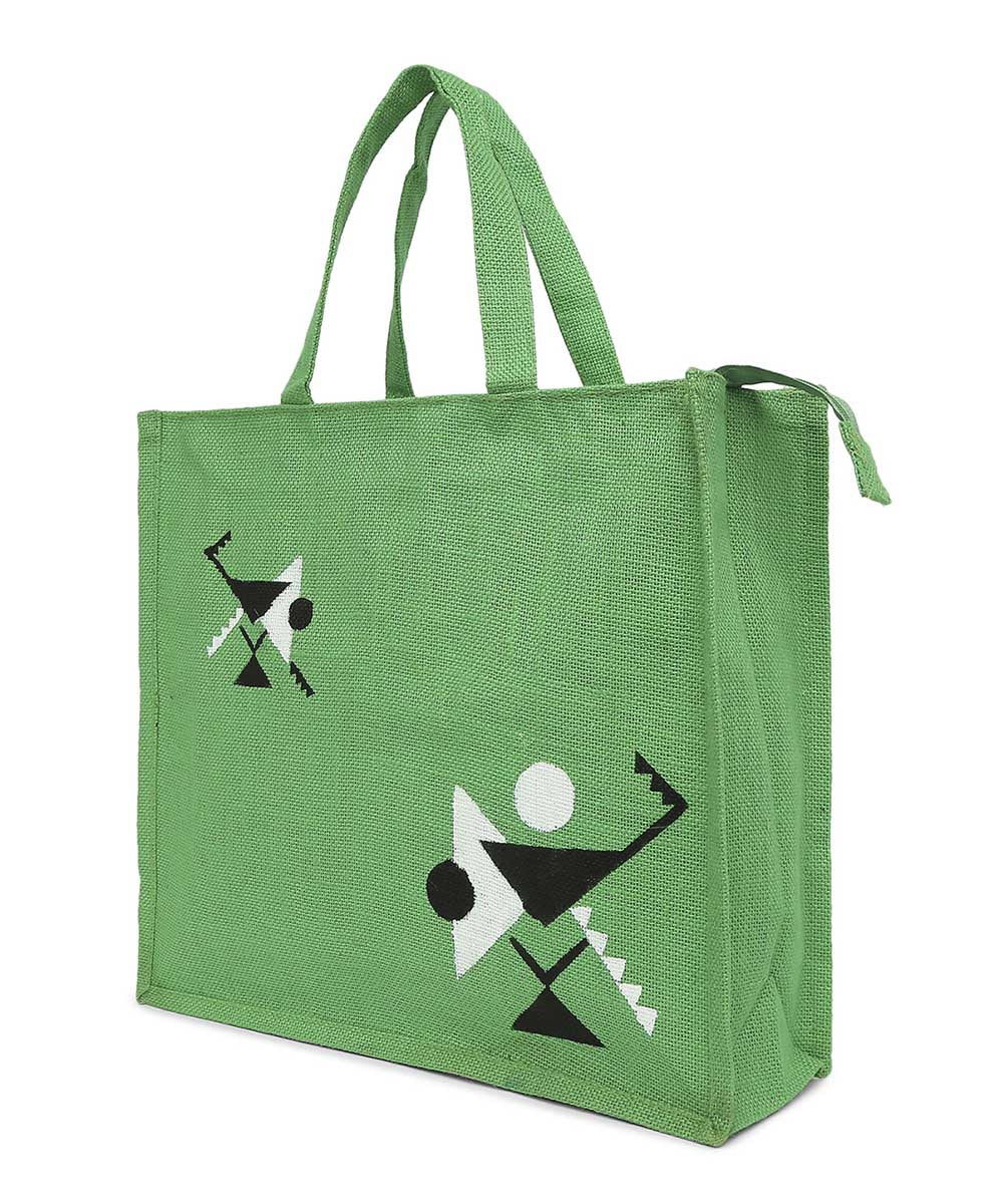 Dark green jute hand printed warli bag