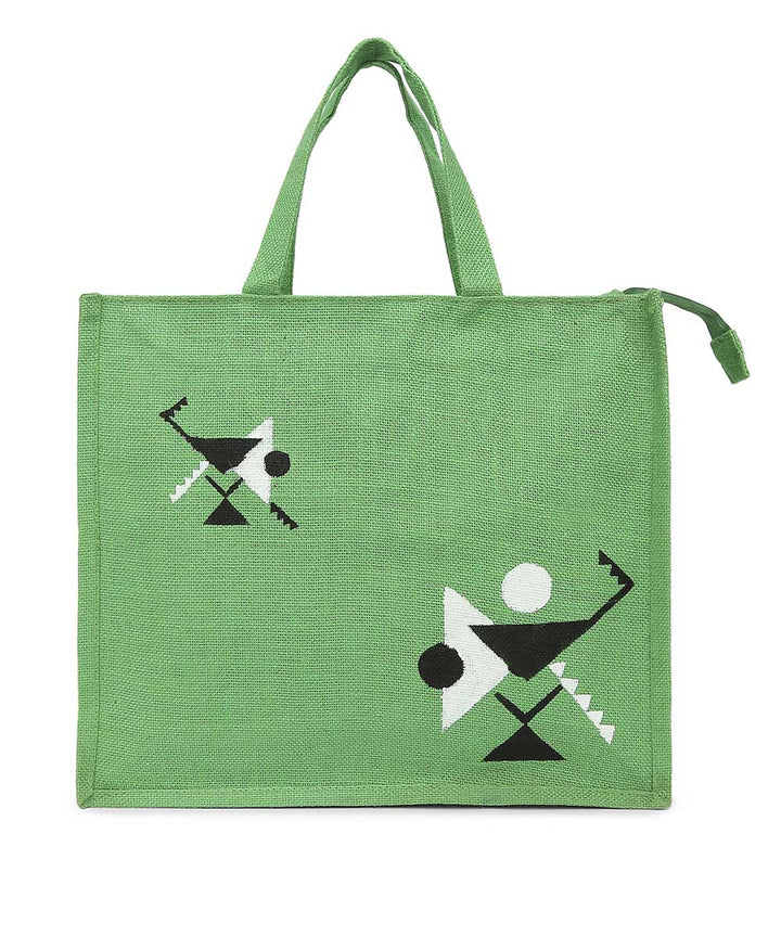 Dark green jute hand printed warli bag