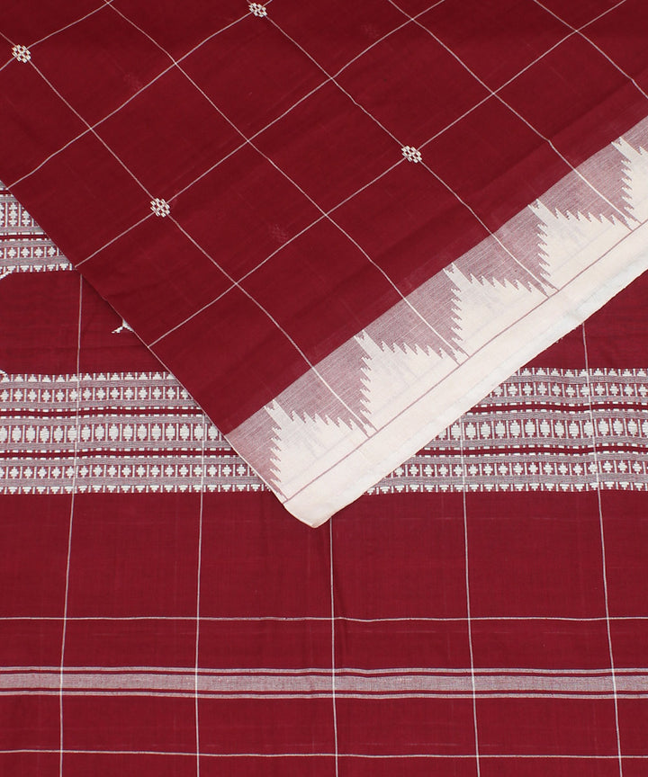 Maroon white checked cotton handwoven kotpad saree