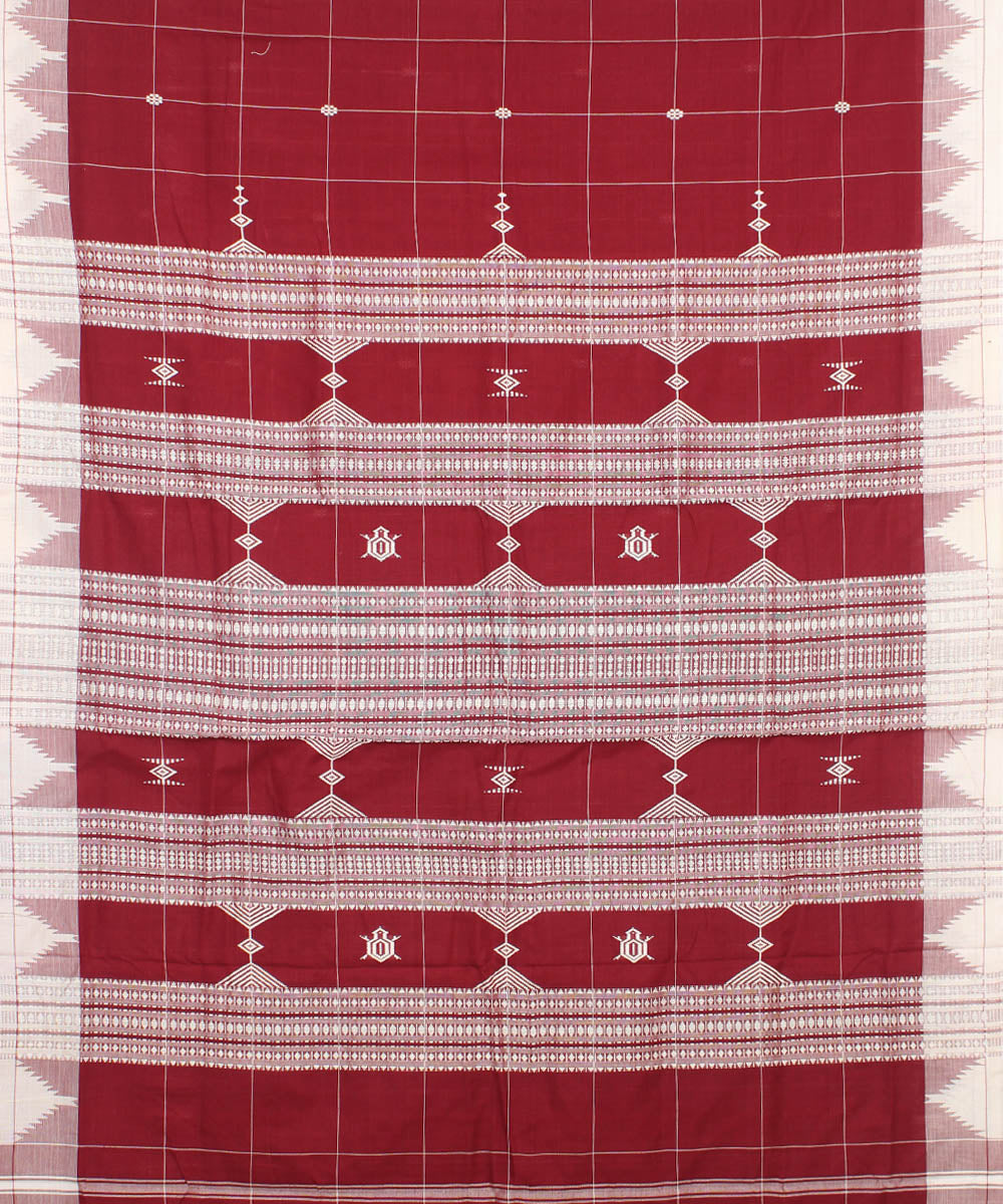 Maroon white checked cotton handwoven kotpad saree