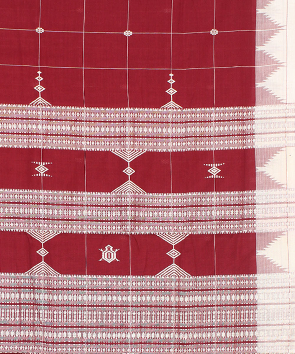 Maroon white checked cotton handwoven kotpad saree