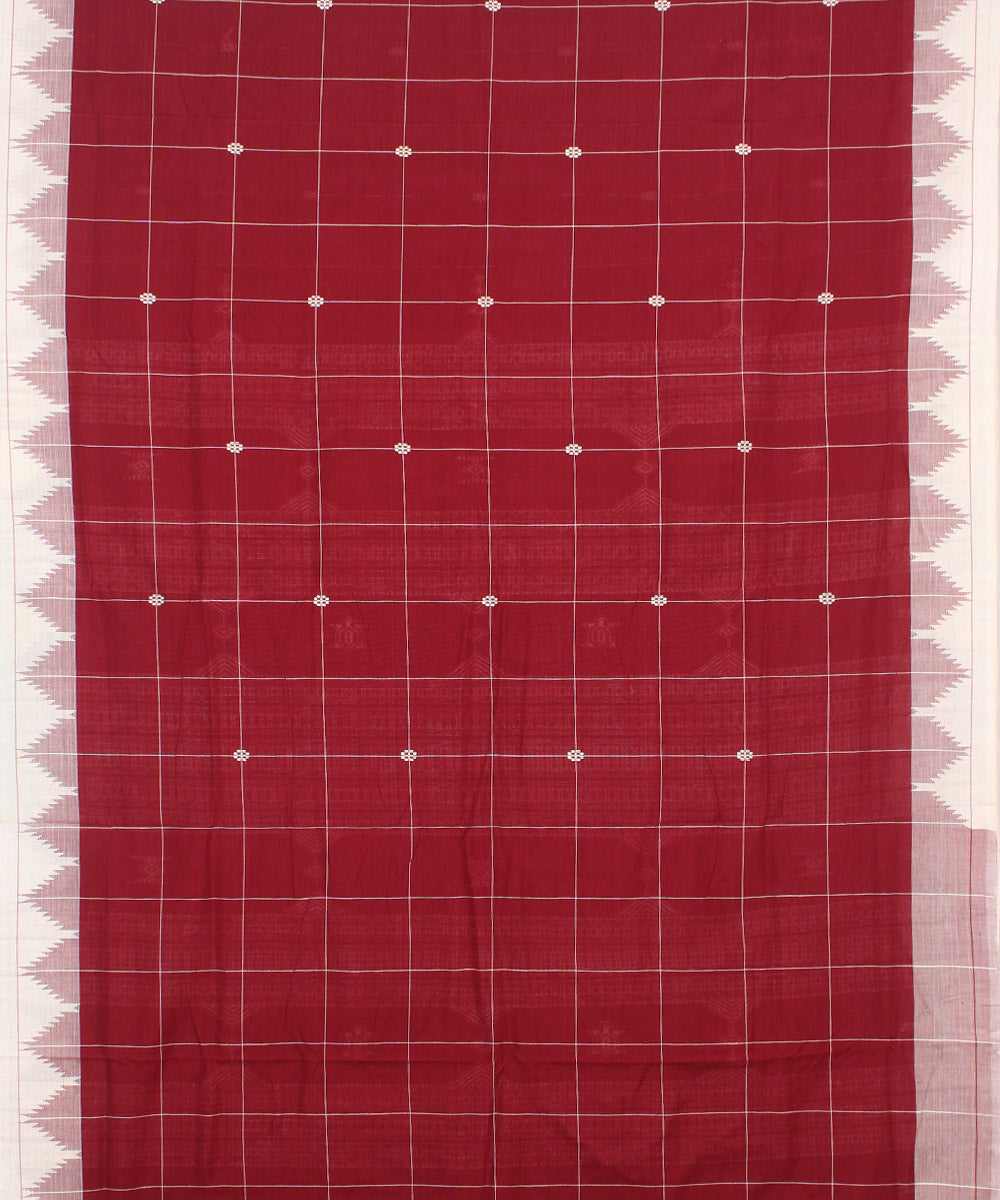 Maroon white checked cotton handwoven kotpad saree