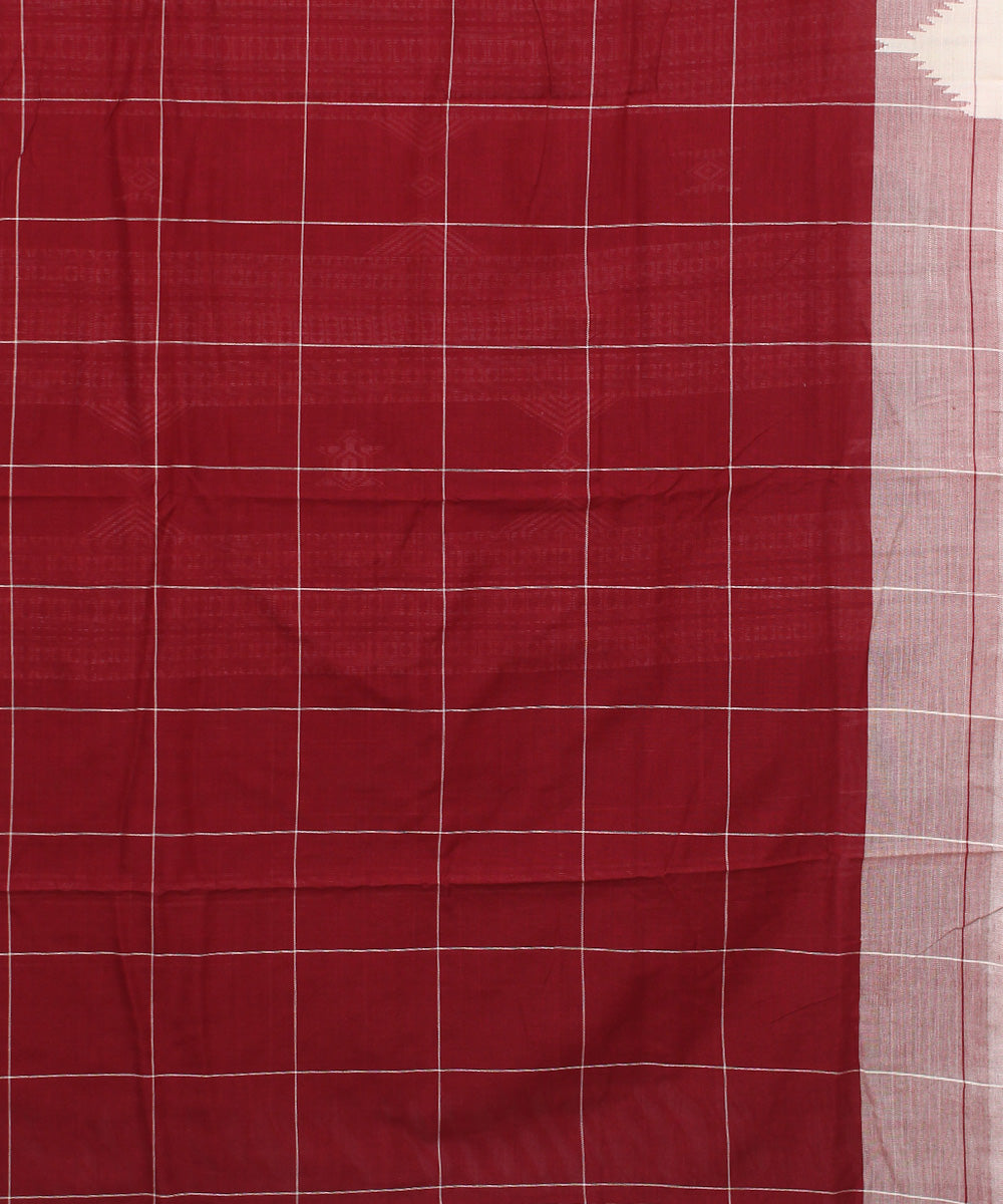 Maroon white checked cotton handwoven kotpad saree