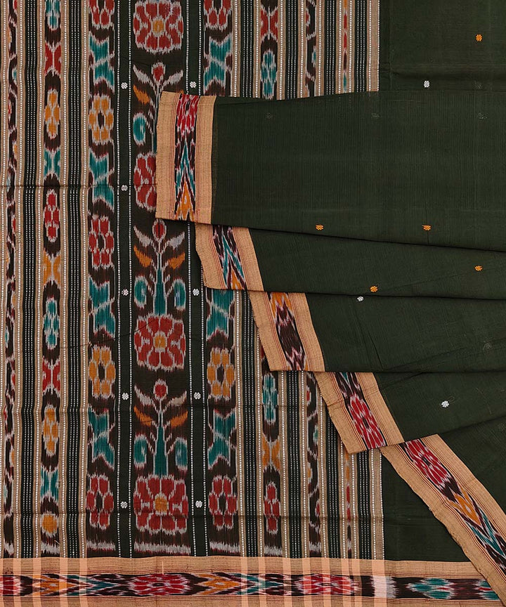 Dark green brown cotton handloom odisha ikat saree
