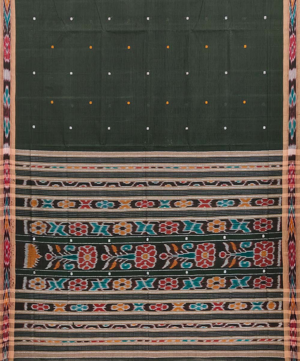 Dark green brown cotton handloom odisha ikat saree
