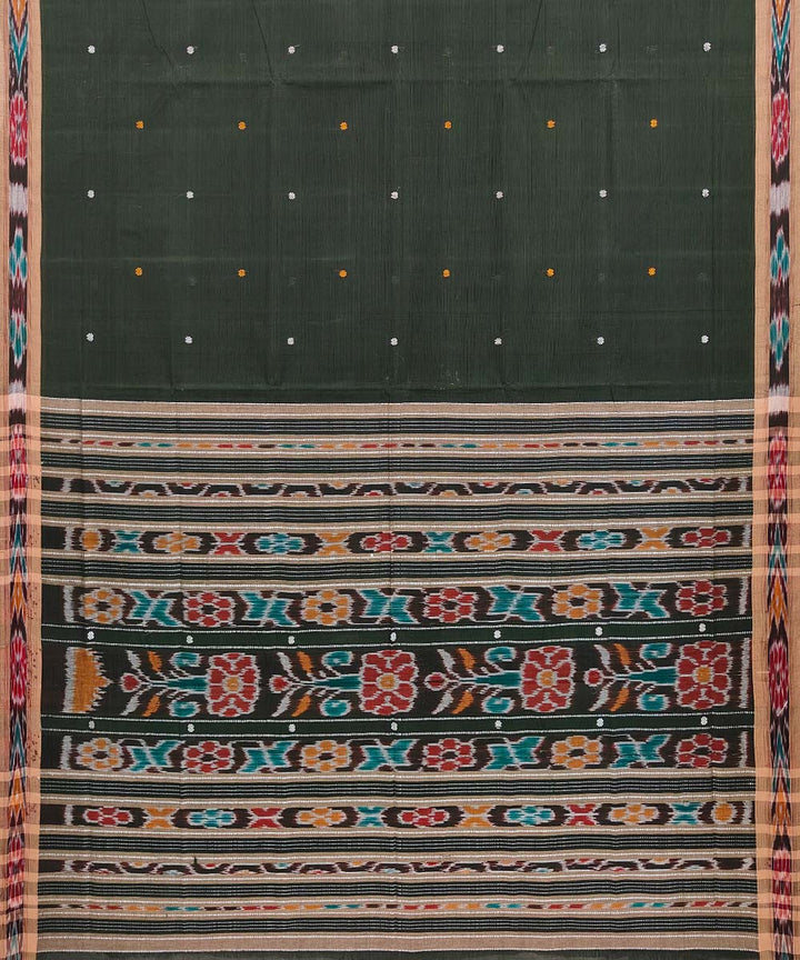 Dark green brown cotton handloom odisha ikat saree