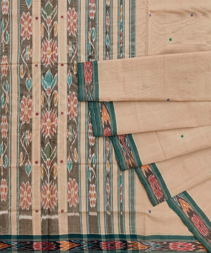 Beige dark green cotton handloom odisha ikat saree