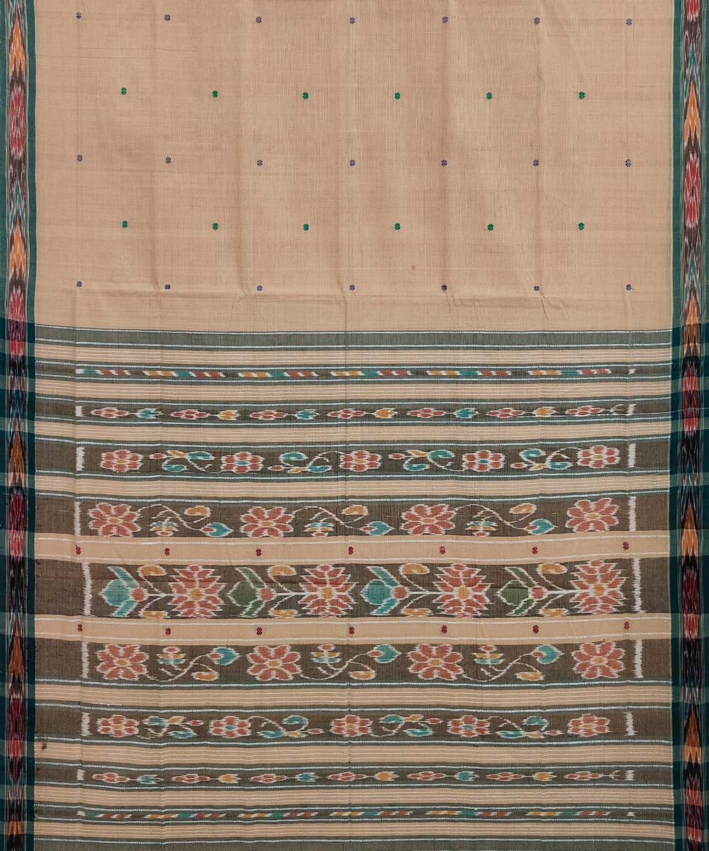 Beige dark green cotton handloom odisha ikat saree