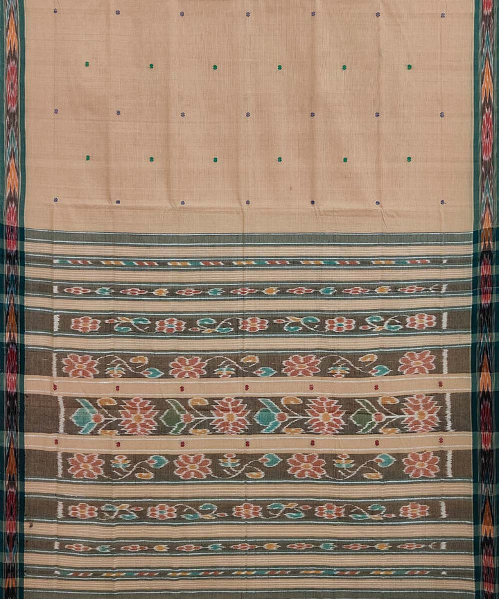 Beige dark green cotton handloom odisha ikat saree