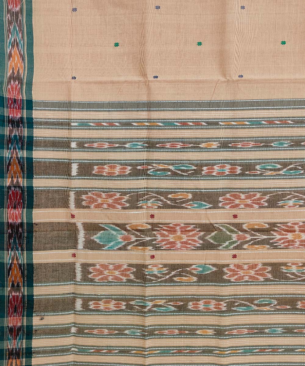 Beige dark green cotton handloom odisha ikat saree