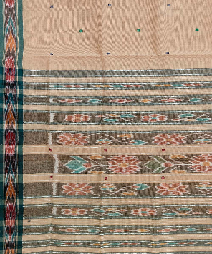 Beige dark green cotton handloom odisha ikat saree
