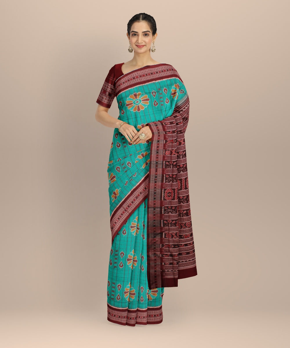 Sky blue maroon silk handloom sambalpuri saree