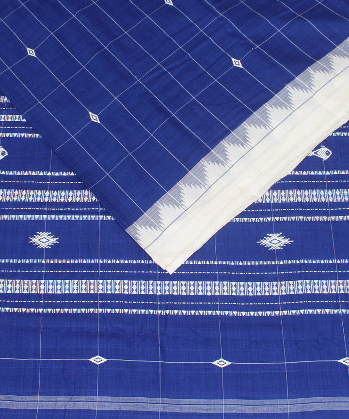 Indigo off white checked cotton handwoven kotpad saree