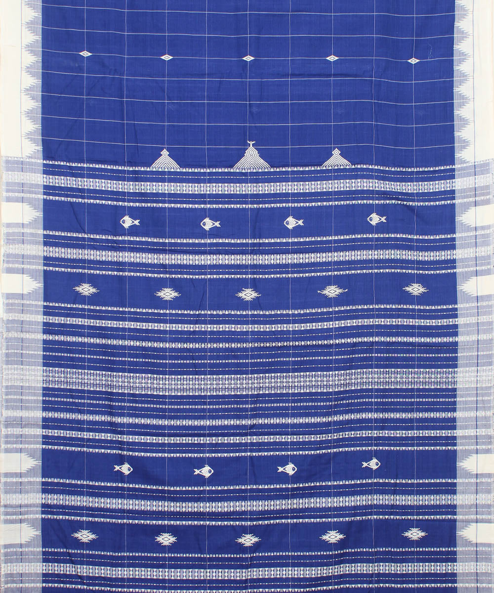 Indigo off white checked cotton handwoven kotpad saree