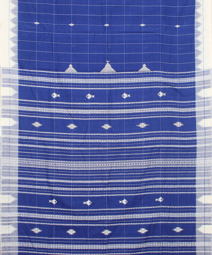 Indigo off white checked cotton handwoven kotpad saree