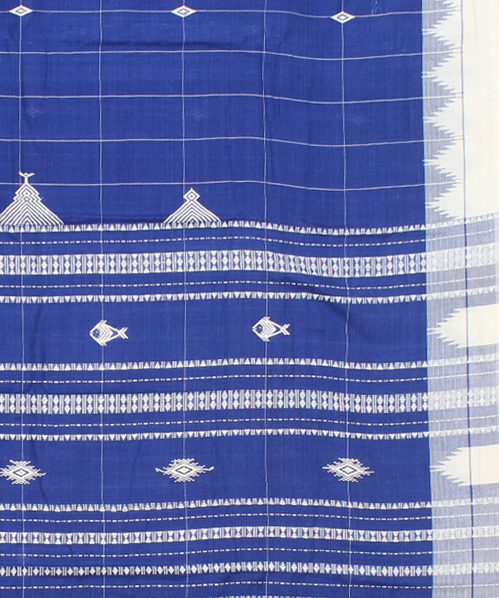 Indigo off white checked cotton handwoven kotpad saree