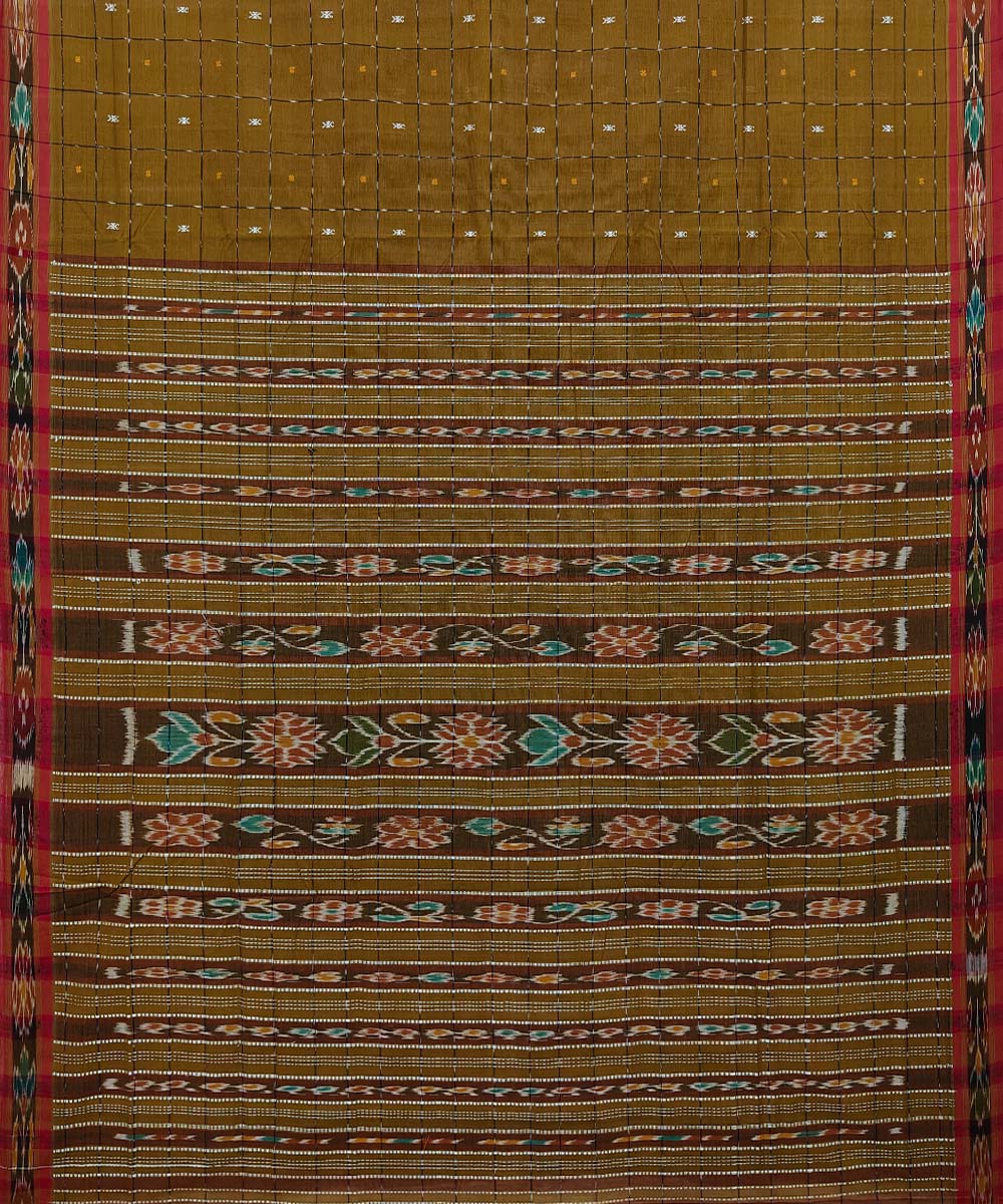 Mustard red cotton handloom odisha ikat saree