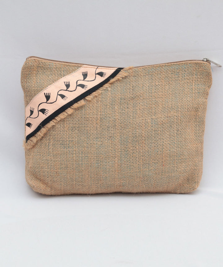 Beige jute hand printed warli pouch