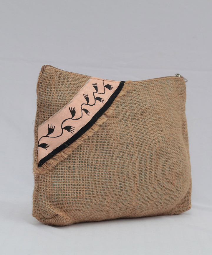 Beige jute hand printed warli pouch