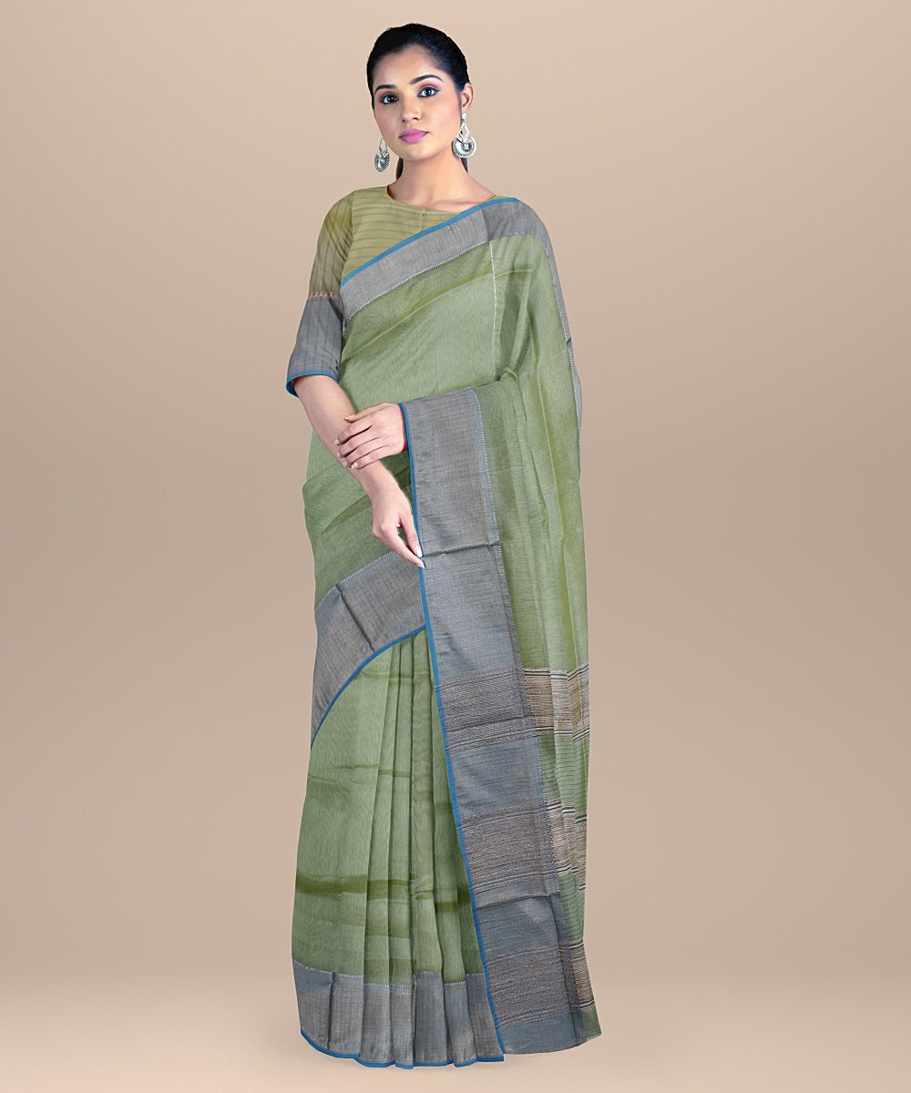 Light green deep green ghicha handloom maheshwari cotton silk saree