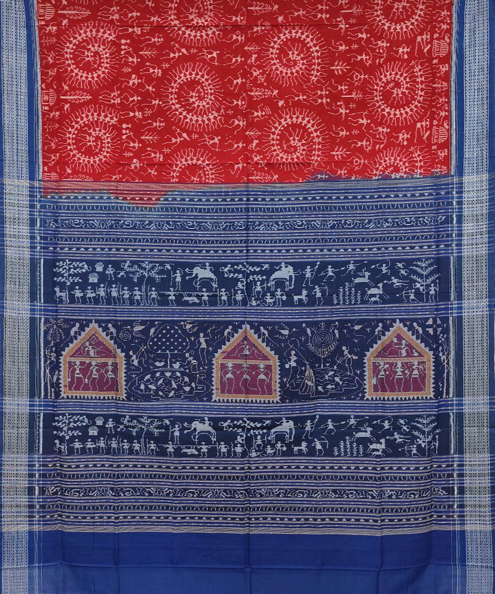Red navy blue cotton handwoven sambalpuri saree
