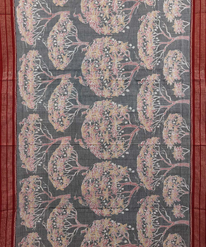 Grey red sambalpuri handwoven cotton saree