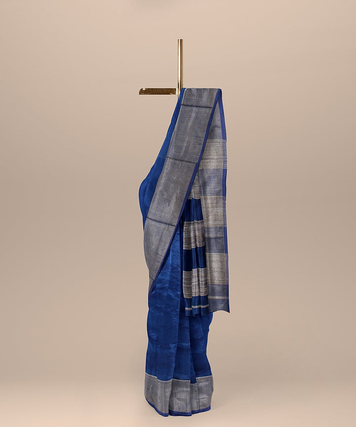 Powder blue navy blue ghicha handloom maheshwari cotton silk saree