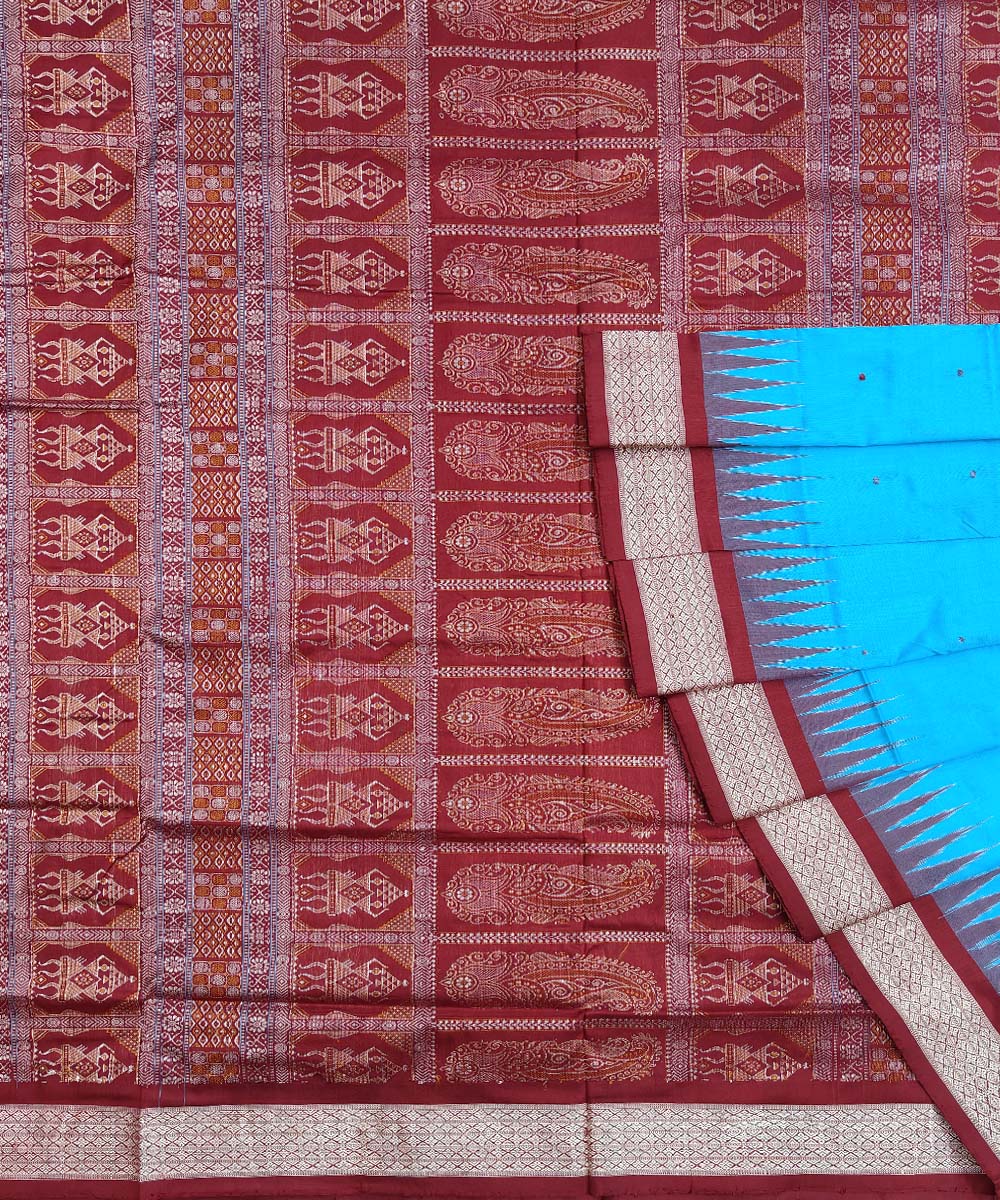 Sky Blue maroon Silk Handwoven Bomkai Saree