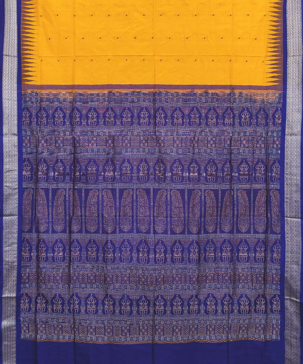 Yellow navy blue Silk Handwoven Bomkai Saree