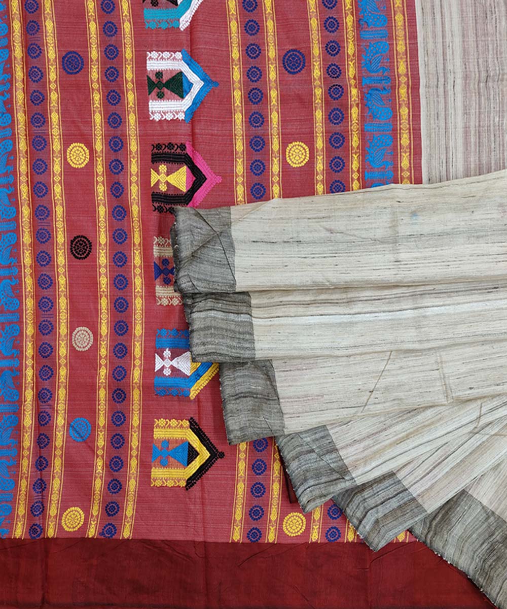 Beige rust Tussar Silk Handwoven dolabedi Saree