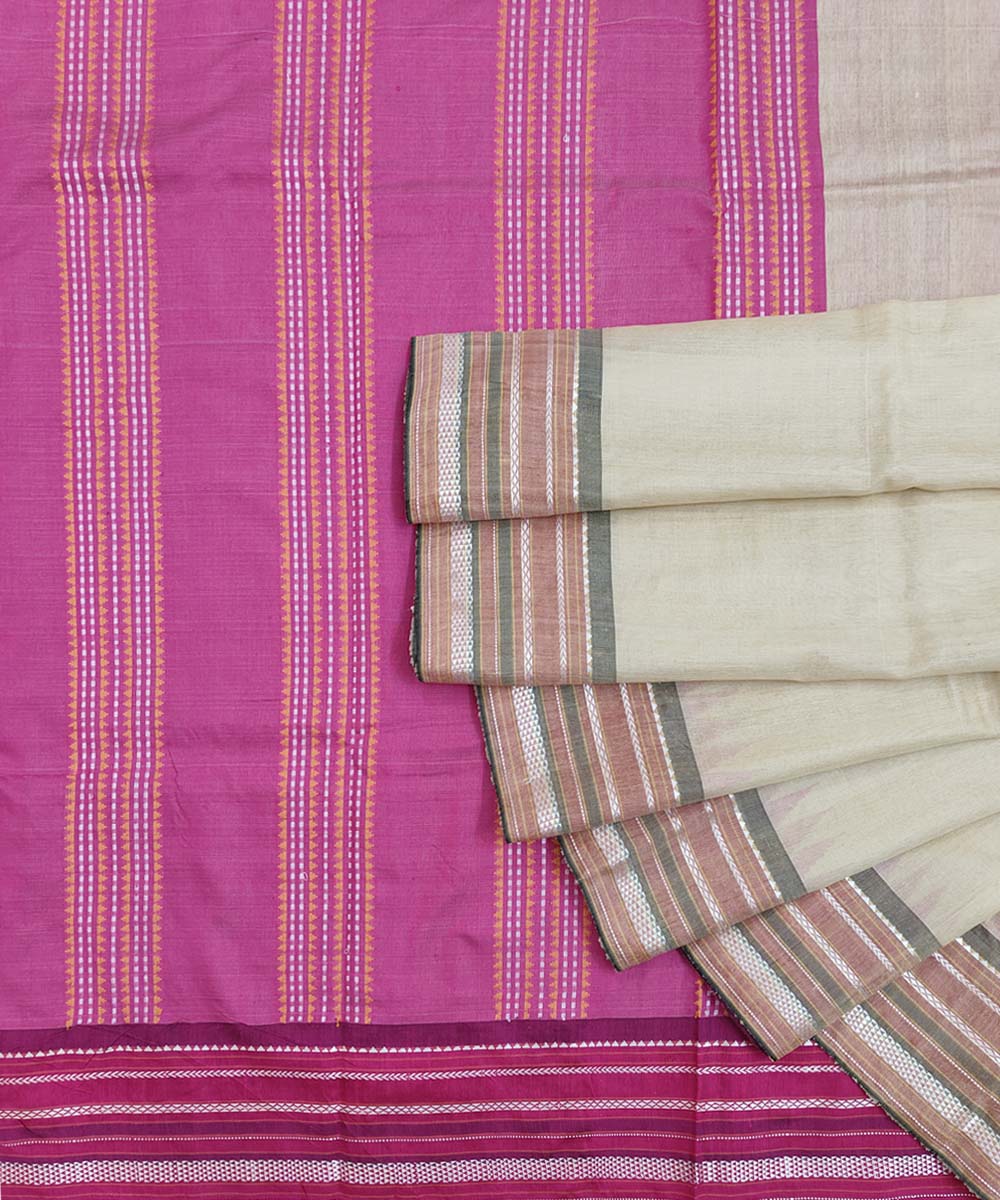 Beige magenta Tussar Silk Handwoven Sambalpuri Saree