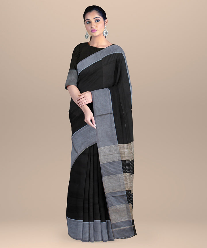 Black grey ghicha handloom maheshwari cotton silk saree