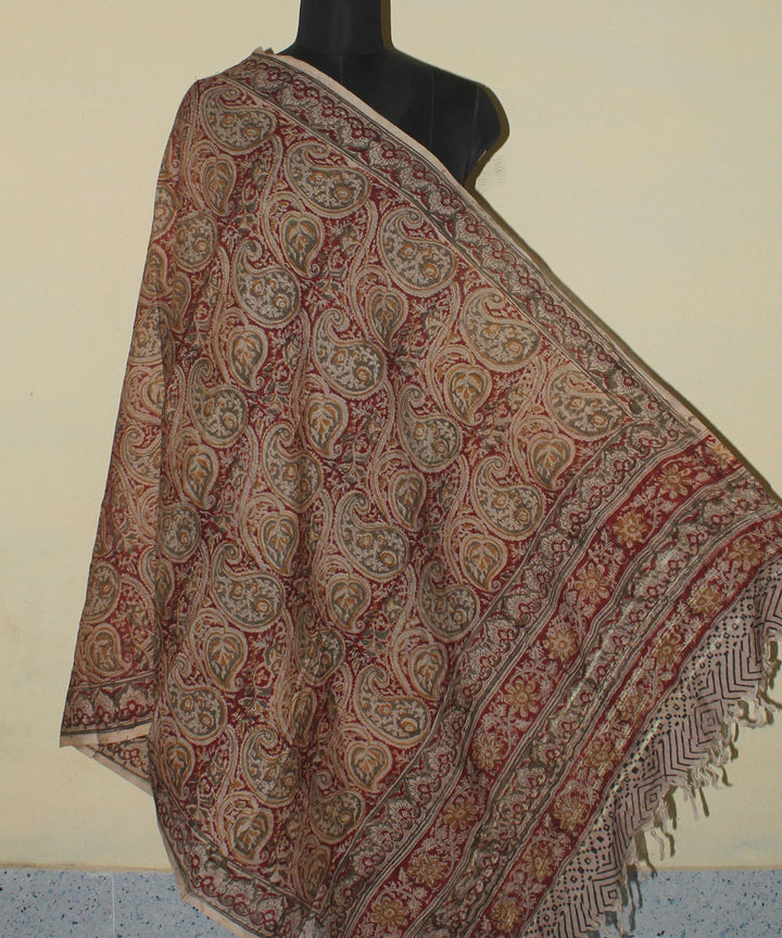 Beige red hand block printed kalamkari cotton dupatta