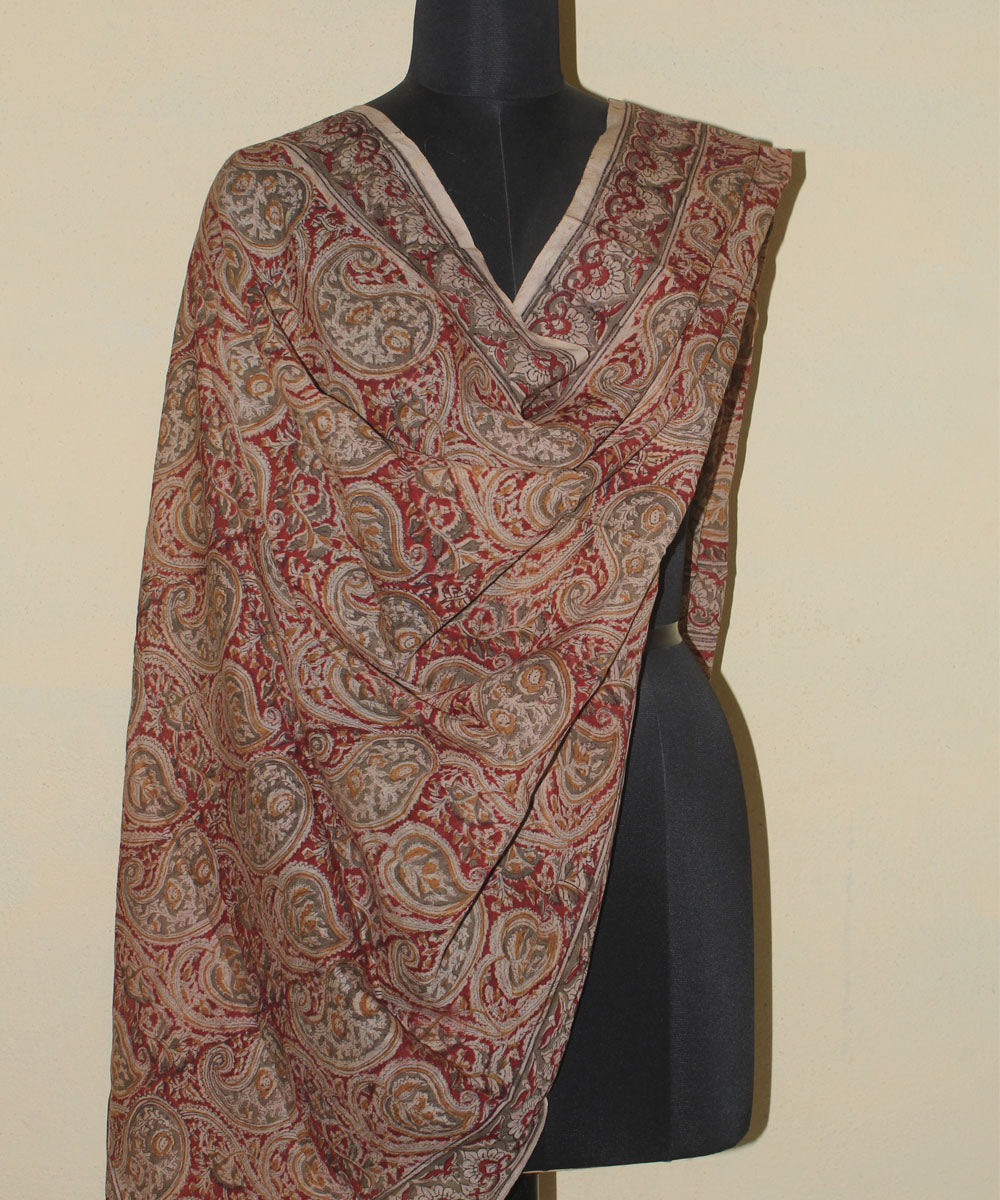 Beige red hand block printed kalamkari cotton dupatta