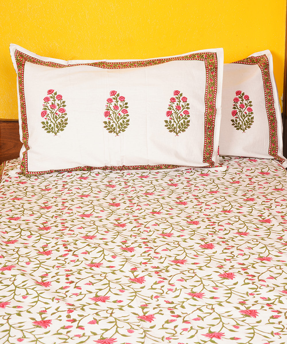 White cotton hand block printed double bedsheet